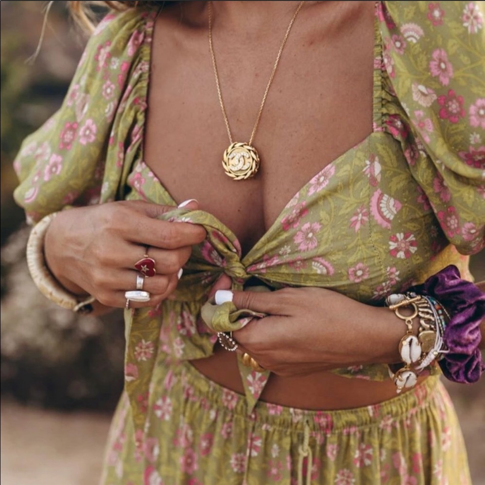 Boho Gypsy Dahlia Smocked Crop Peasant Top Floral gold mustard tie blouse